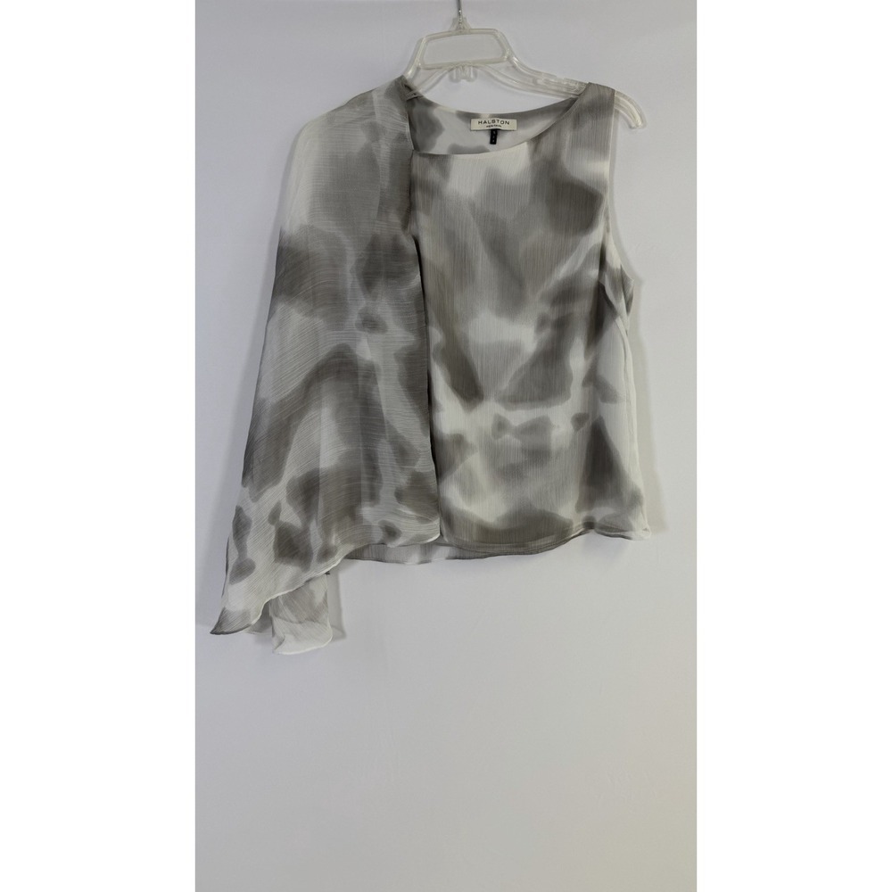 Halston Heritage Blouse Womens S One Sleeve White Gray Artsy Top Sheer Chiffon